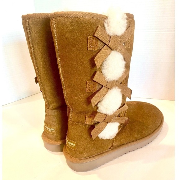 Koolaburra by UGG Tall Boots Chestnut Suede Leather Faux Fur Pom Pom Size 8 - Picture 7 of 13